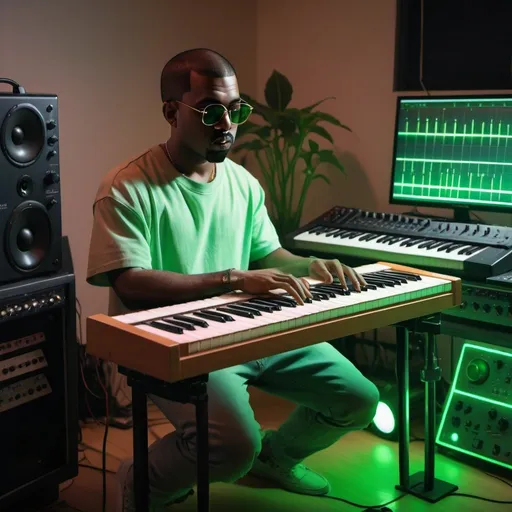 Prompt: a synthesizer emits a green aura in the home studio of a young Kanye west. in the style of 1980s anime. 