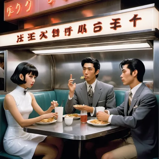 Prompt: its the 2055, and in Japan, nostalgia is in the air. at diner, a group of 3 male friends sit in a booth, two of them discussing the menu items as the third turns to wave over one of the cyborg waitresses to their table in the style of hajime sorayama. 