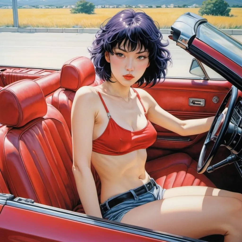 Prompt: motoko kusanagi sits in the backseat of a red convertible car, her legs on the headrests on a bright summer day. in the style of hajime sorayama. 