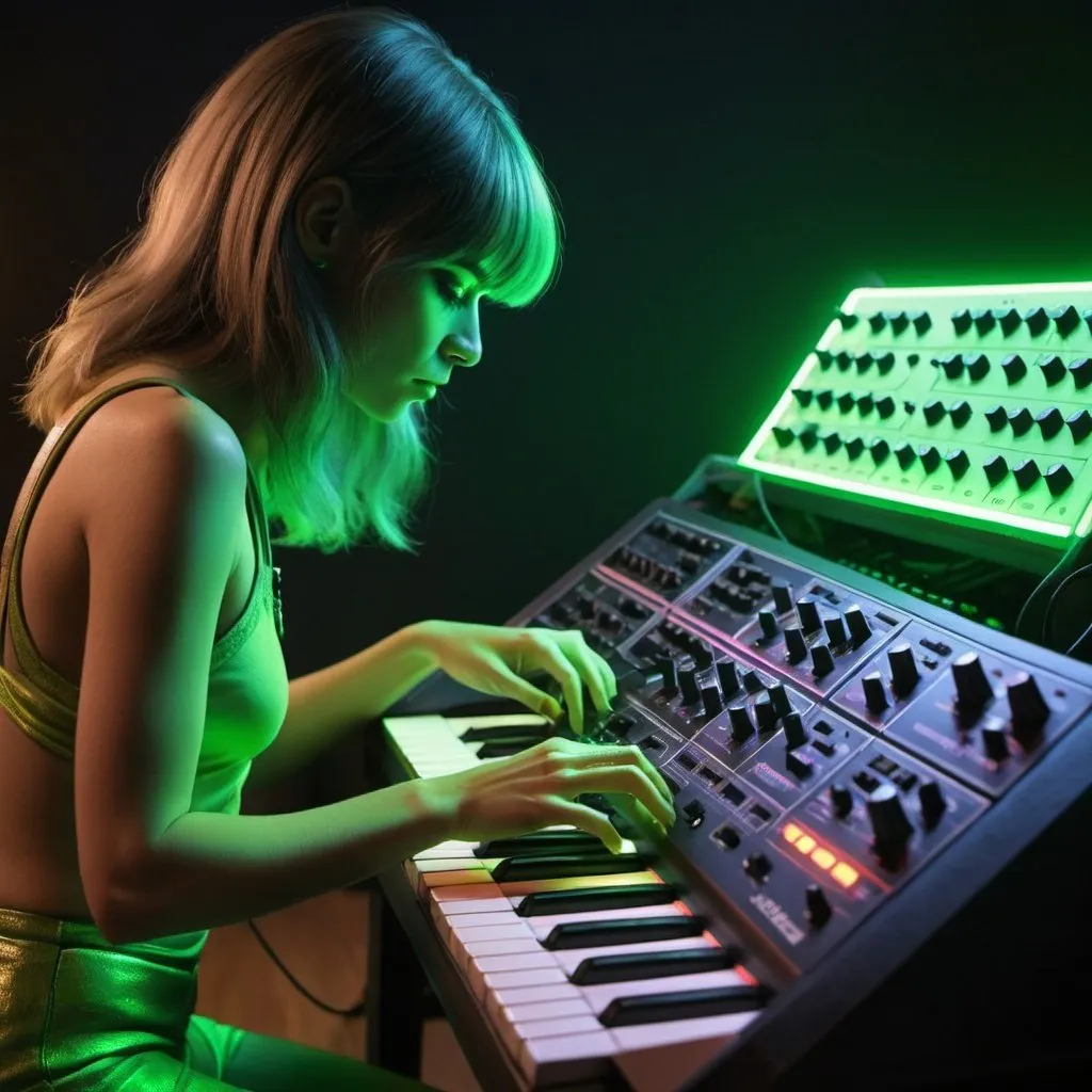 Prompt: a close-up from behind of a female cyborg pressing a key on a korg MS-20 synthesizer in a dimly lit 70s music studio, an neon green aura shaping her silhouette. 