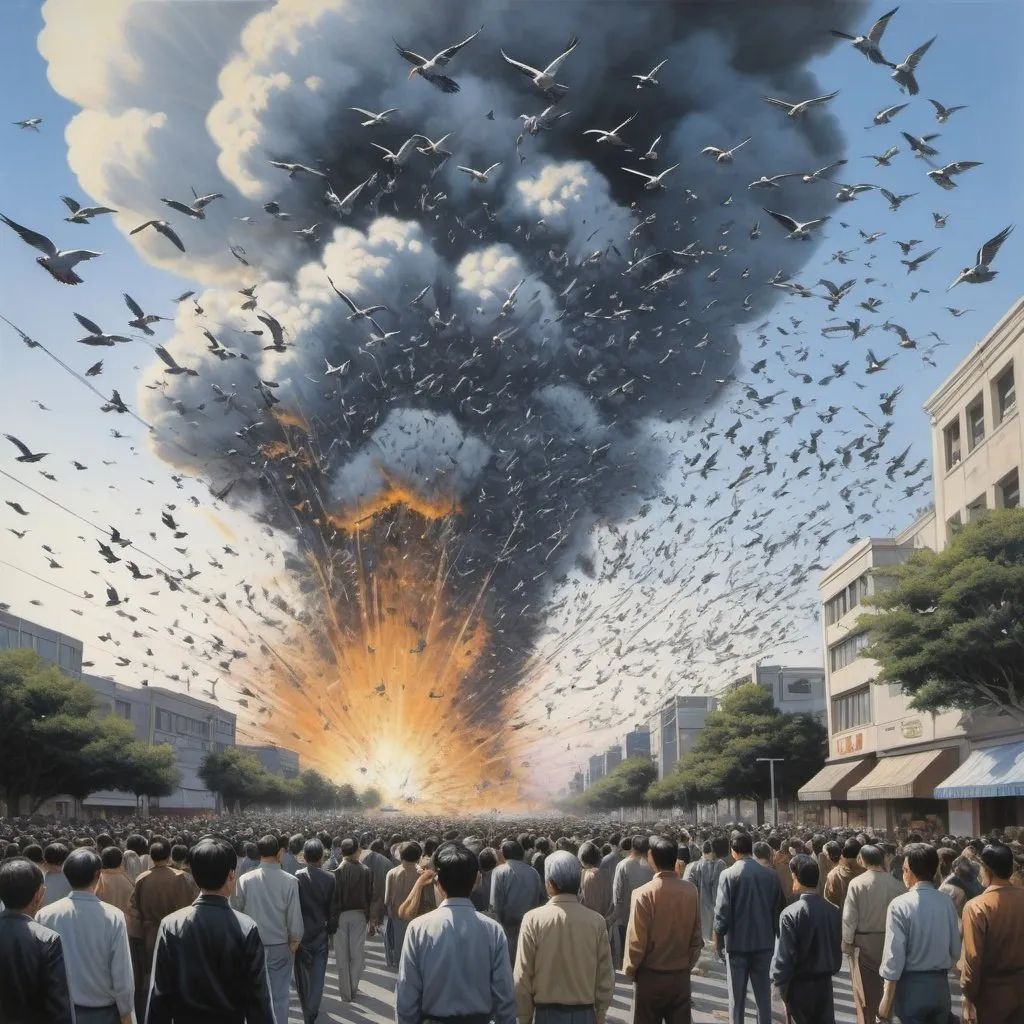 Prompt: a sudden explosion in the distance sends hundreds of birds into the sky, humans close by turn towards the direction of the blast as a look of dread covers their faces. in the style of hajime sorayama. 