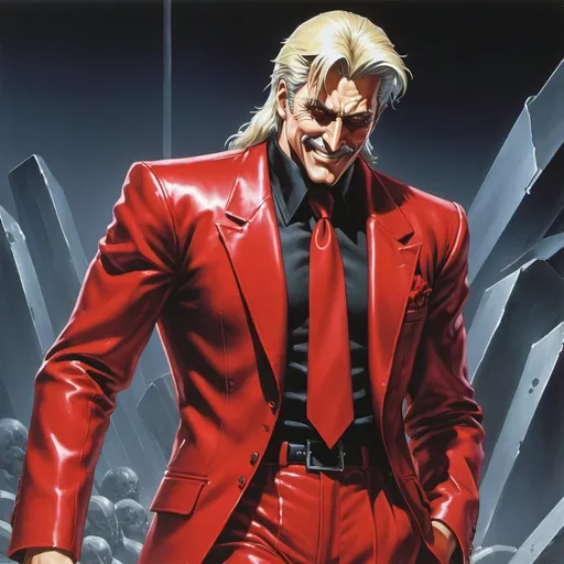 Prompt: rugal bernstein. wearing his red suit. grinning sinisterly. standing over defeated foe. in the style of hajime sorayama. 