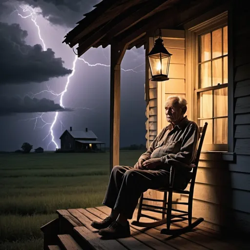 Prompt: On a stormy, starless night, an elderly farmer sits on his weathered porch, the wooden rocking chair creaking softly beneath him. Each burst of lightning reveals his figure in stark contrast against the darkened sky, casting long, dramatic shadows. His face, weather-beaten and lined with the wisdom of years, remains stoic yet contemplative, framed by the glow of a flickering lantern. Behind him, the silhouette of his farmhouse stands tall, its windows aglow with warm, inviting light, a beacon of safety amidst the storm