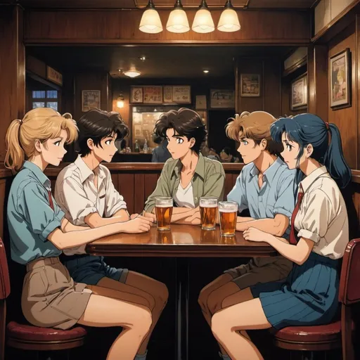 Prompt: in a pub, somewhere in Tokyo, a group four of friends sit at a table waiting for the beautiful waitress to come to take their order. in the style 1980s anime. 