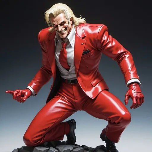 Prompt: rugal bernstein. wearing his red suit. grinning sinisterly. standing over defeated foe. in the style of hajime sorayama. 