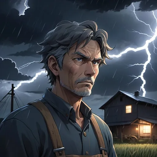 Prompt: Anime illustration of a farmer on a stormy night, stoic face revealed by lightning, farmhouse glowing in darkness, offering solace, dark and moody atmosphere, detailed eyes and facial expression, stormy weather, rural setting, cool tones, atmospheric lighting, anime style, detailed art, highres, emotional storytelling