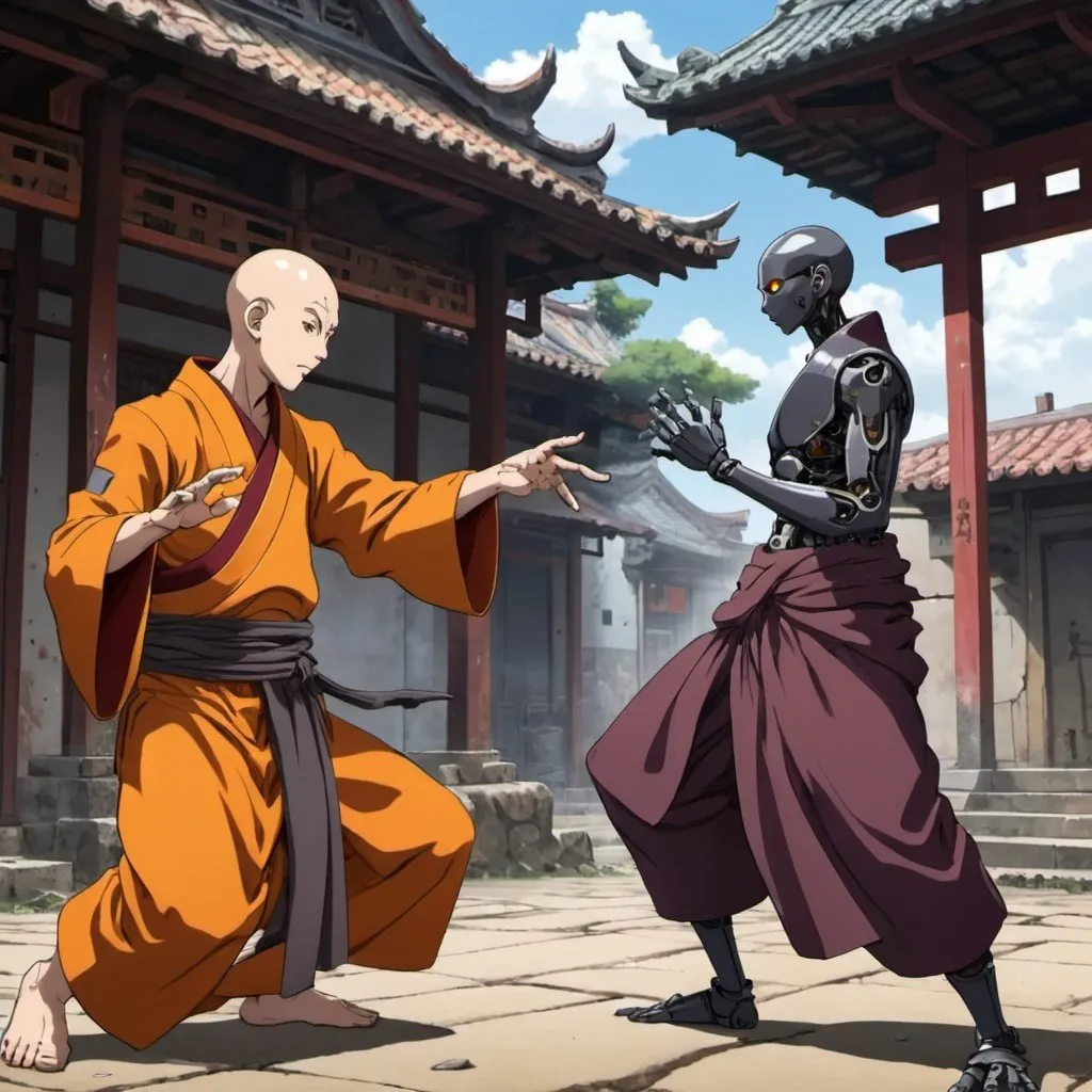 Prompt: a battle between a cyborg and a monk. the monk graceful, the cyborg brutish. the monk makes a hand gesture, the cyborg is destroyed and left in ruins. anime. 