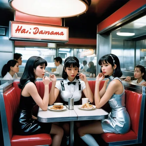 Prompt: its the 2055, and in Japan, nostalgia is in the air. at diner, a group of 3 friends sit in a booth, two of them discussing the menu items as the third turns to wave over one of the cyborg waitresses to their table in the style of hajime sorayama. 
