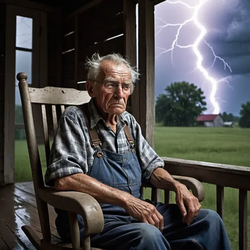 Prompt: On a stormy, moonless night, amidst a torrential downpour, an elderly farmer sits in a creaking rocking chair on the porch of his weather-beaten farmhouse. Each flash of lightning illuminates his wrinkled face, casting deep shadows and highlighting the lines of years of toil. He wears a worn plaid shirt and denim overalls, his hands calloused from a lifetime of hard work. Despite the raging storm, his expression remains stoic, his eyes obscured behind thick glasses, reflecting the fleeting light of each lightning bolt