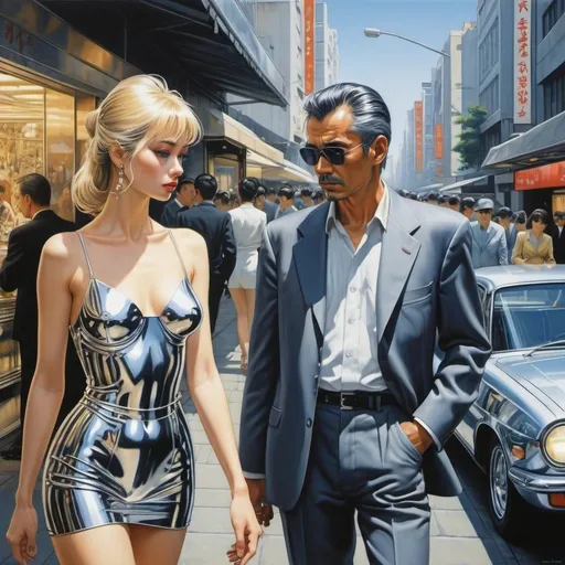 Prompt: a man gives a longing look to a beautiful woman walking past him in the style of hajime sorayama