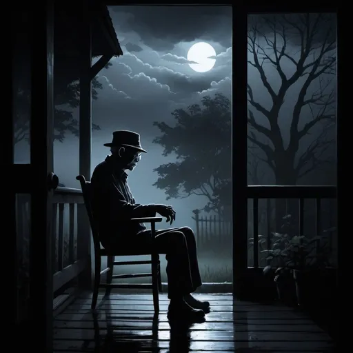 Prompt: Dark stormy night. Old farmer, eerie silhouette on porch. Creaking chair, foreboding gaze behind fogged glasses. Secrets in the shadows. in the style of Junji Ito. anime. 