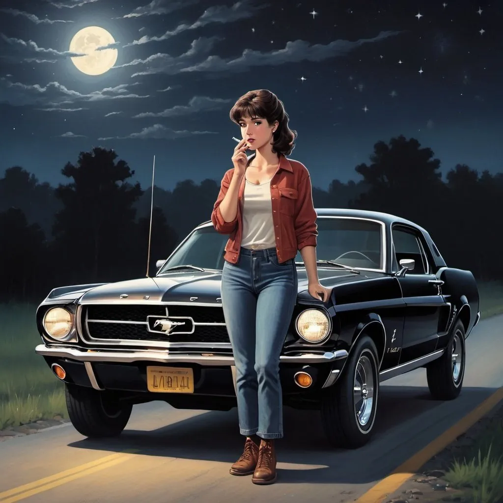 Prompt: on a starry night, a black 1968 ford mustang breaks down on moonlit backroad. the driver—a woman, stands on the side of the road signaling for help. 

 a handsome man, driving a Chevrolet Silverado, stops to offer help. the man requests that she open the hood of the car that he may inspect the issue. she sits in the driver's with a lit cigarette in her right hand while making eye contact with the helpful stranger her.

in the style of 1980s anime. 