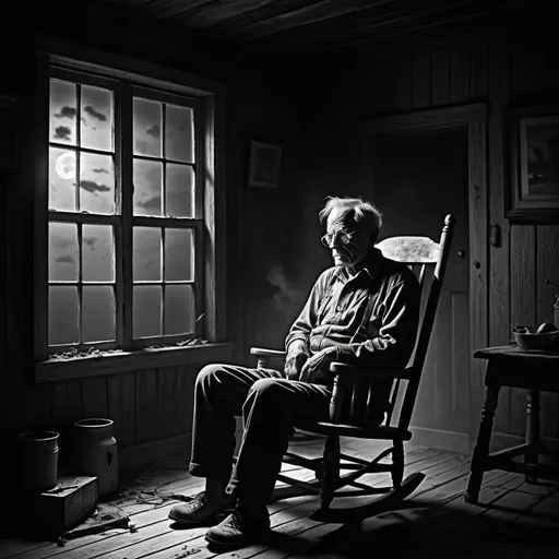 Prompt: On a moonless, stormy night engulfed in darkness, the old farmer sits alone on his porch, the rhythmic creaking of his rocking chair echoing ominously through the still air. Each flash of lightning reveals his silhouette, distorted and elongated, casting eerie shadows against the dilapidated farmhouse. His face, weathered and gaunt, is etched with a sense of foreboding, his expression unreadable behind fogged glasses. In the flickering light, his eyes gleam with an unsettling intensity, hinting at hidden fears and unspeakable secrets lurking within the depths of his soul. 