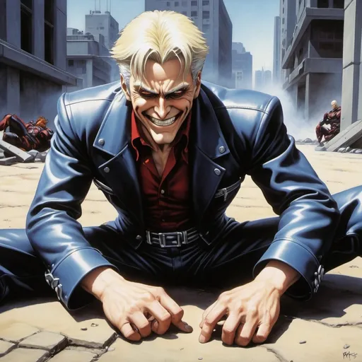 Prompt: rugal bernstein grinning sinisterly at a defeated foe laying on the ground before him. in the style of hajime sorayama. 