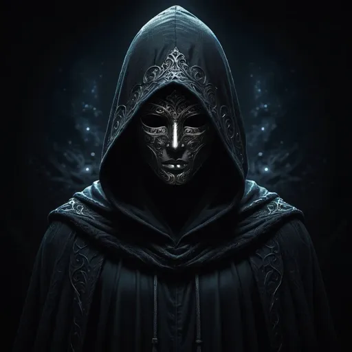 Prompt: Fantasy digital artwork of a mysterious figure in the night, hooded silhouette, dark and shadowy atmosphere, intricate details on the mask, flowing cloak, high quality, detailed, fantasy, night, mysterious, dark tones, hooded figure, shadowy, intricate details, flowing cloak, professional, atmospheric lighting , dark aura