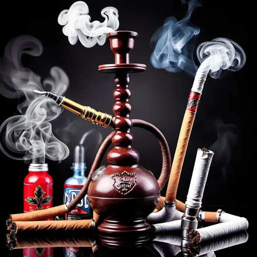 Prompt: Create a picture for me that has hookahs and smoking products such as tobacco cigarettes