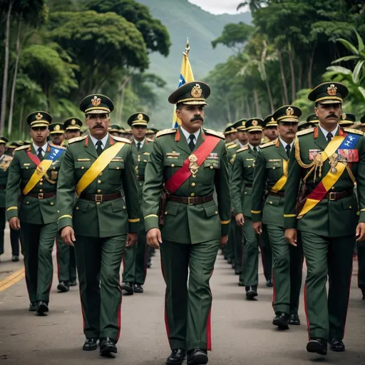 Prompt: (central content altos mandos militares de venezuela), military officers, traditional Venezuelan military uniforms, intricate insignia, authoritative expressions, standing proudly, (dramatic lighting), cool tones, solemn ambiance, lush green jungle background, high detail garments, cultural symbols, modern military aesthetics, commanding posture, HD, ultra-detailed. con la bandera de venezuela y los soldados sin bigote add all ranks of the military including naval, aereo y maritimo 

