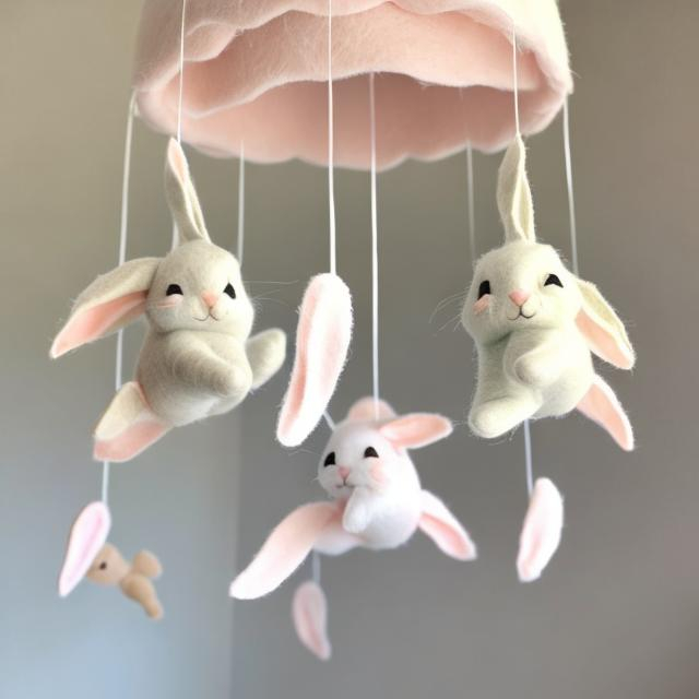 Prompt: Realistic bunny felt baby mobile, pastel colors, neutral nursery, high quality, realistic, pastel colors, baby mobile,  woodland animals, detailed, 
Bunny jumping with carrots 
delicate, soft lighting, nursery décor, subtle pastel tones, realistic fur, gentle movement