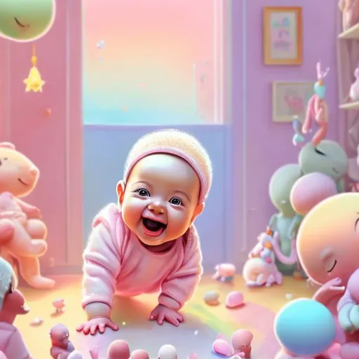 Prompt: High-quality digital illustration of a joyful baby playing in a colorful nursery room, playful and vibrant, pastel color palette, soft and natural lighting, detailed facial features, realistic baby proportions, cheerful atmosphere, cute toys scattered around, cozy and comforting, high-res, colorful, nursery room, playful, pastel tones, detailed baby features, vibrant, joyful atmosphere, digital illustration, soft lighting