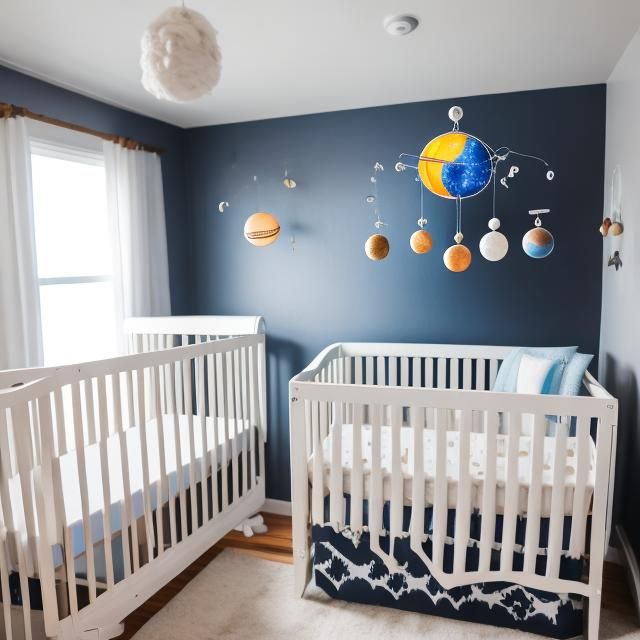 Prompt: The Solar system baby mobile behind white crib in baby boy nursery 