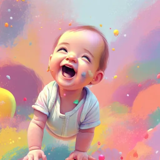 Prompt: High-quality digital illustration of a joyful baby playing in a colorful nursery room, playful and vibrant, pastel color palette, soft and natural lighting, detailed facial features, realistic baby proportions, cheerful atmosphere, cute toys scattered around, cozy and comforting, high-res, colorful, nursery room, playful, pastel tones, detailed baby features, vibrant, joyful atmosphere, digital illustration, soft lighting