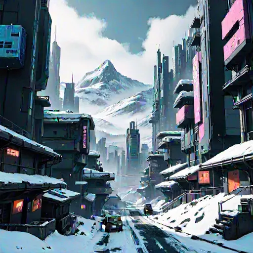 Prompt: Cyberpunk city mountainside winter