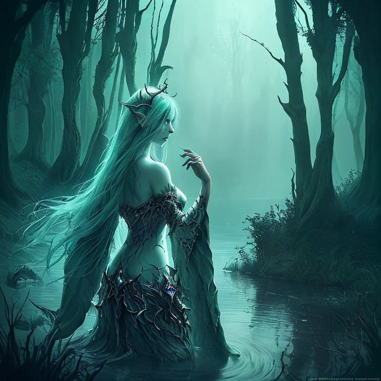 Prompt: Beautiful, creepy siren, medieval fantasy, calling towards the lake, misty forest, enchanting glow, high fantasy, RPG game, detailed hair and scales, mystical atmosphere, haunting beauty, eerie lighting, lake setting, fantasy art, ethereal, mystical, enchanting, medieval style, game art, detailed, beautiful nature, atmospheric lighting