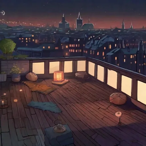 Prompt: rooftop, beautiful summer night, chilling on the roof, view of the city, medieval