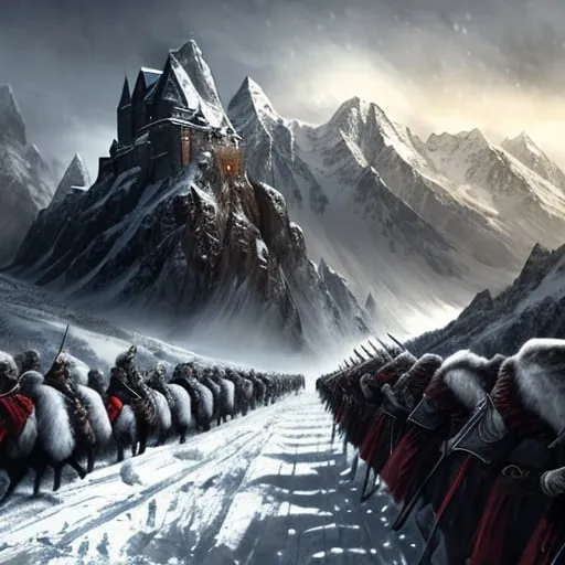 Prompt: Large army marching towards snowy castle, mountainous landscape, winter scenery, medieval, fantasy style, distant view, epic battle, detailed armor and weaponry, majestic snowy peaks, cold and desolate atmosphere, high quality, fantasy, medieval, epic battle, snowy landscape, detailed armor, distant view, mountainous, winter scenery, majestic peaks, desolate atmosphere