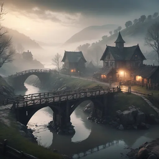 Prompt: small settlement, foggy, bridge and river, dramatic fantasy settlement scene, cinematic lighting, army returning