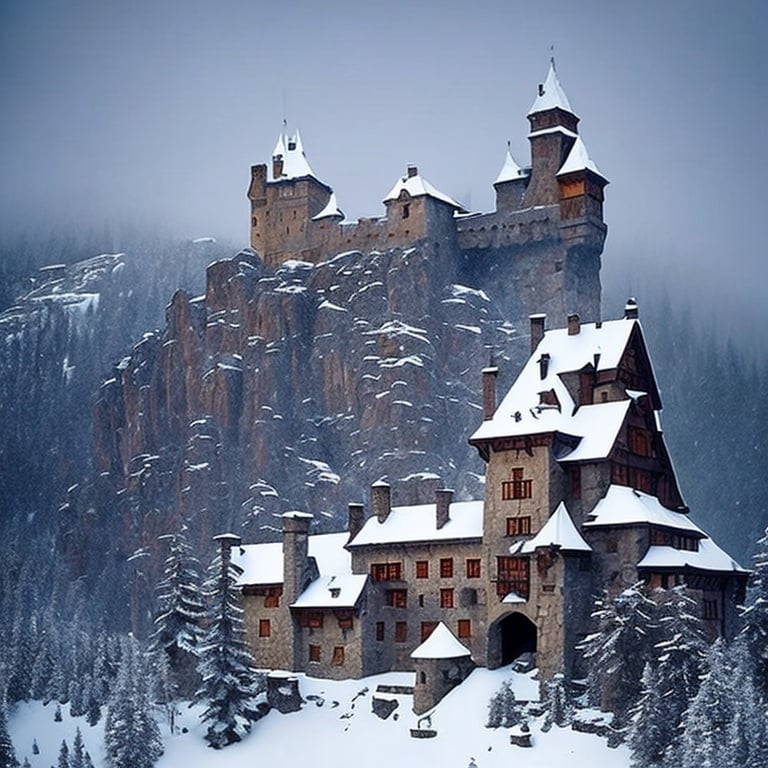 Prompt: castle in the snowy mountains, beautiful nature, medieval