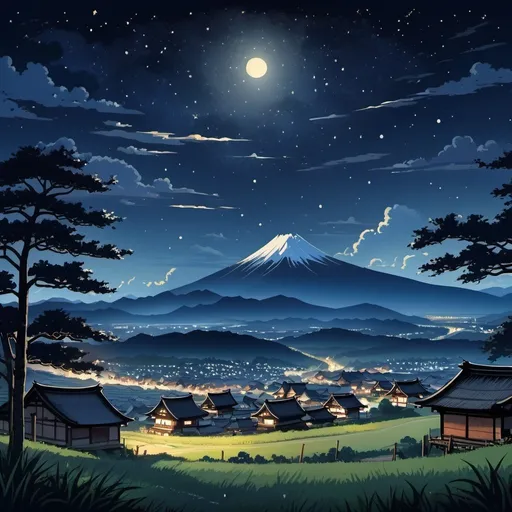 Prompt: summer night, stary night, village, view from distance, medieval japan, wide shot