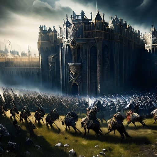 Prompt: Great king and knights preparing for battle on field, game-rpg fantasy style, medieval armor and weaponry, epic battle scene, high quality, detailed, immersive, fantasy, dramatic lighting, heroic poses, majestic atmosphere, intricate armor details, dynamic composition, fantasy landscape, epic fantasy, heroic knights, medieval, battle preparations, royal, immersive environment, view from distance