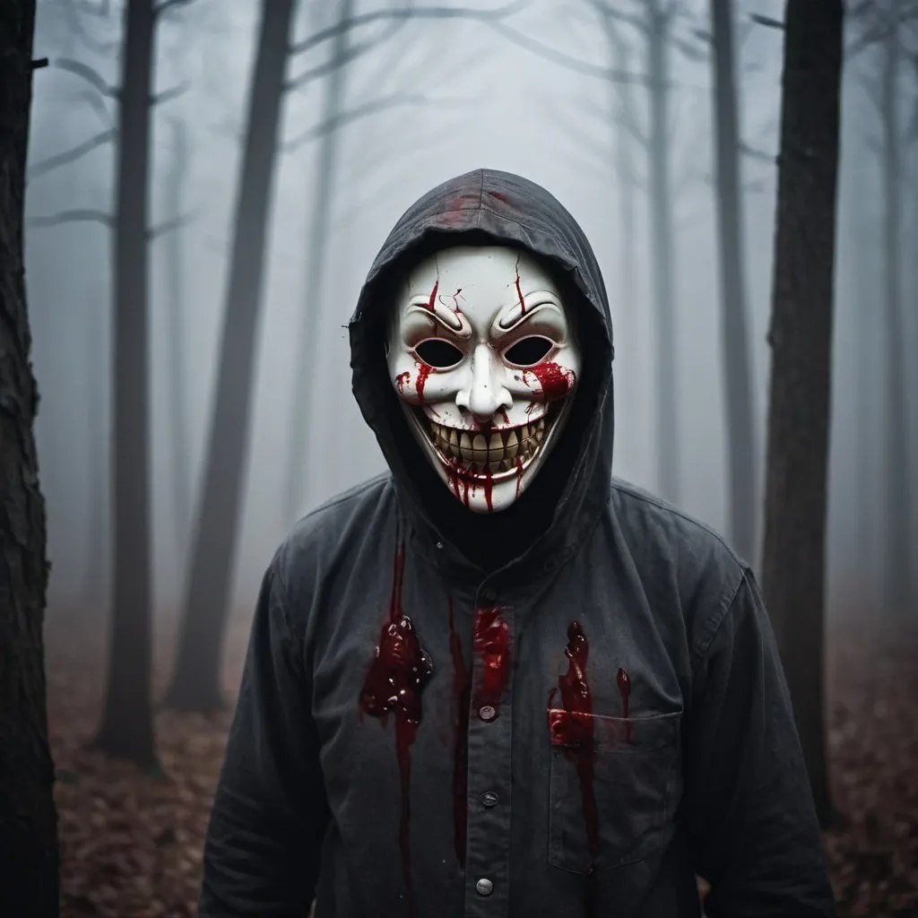 Prompt: nightmare fiends in the woods, creepy, scary, gloomy, foggy, night, creepy smile with bloody mask