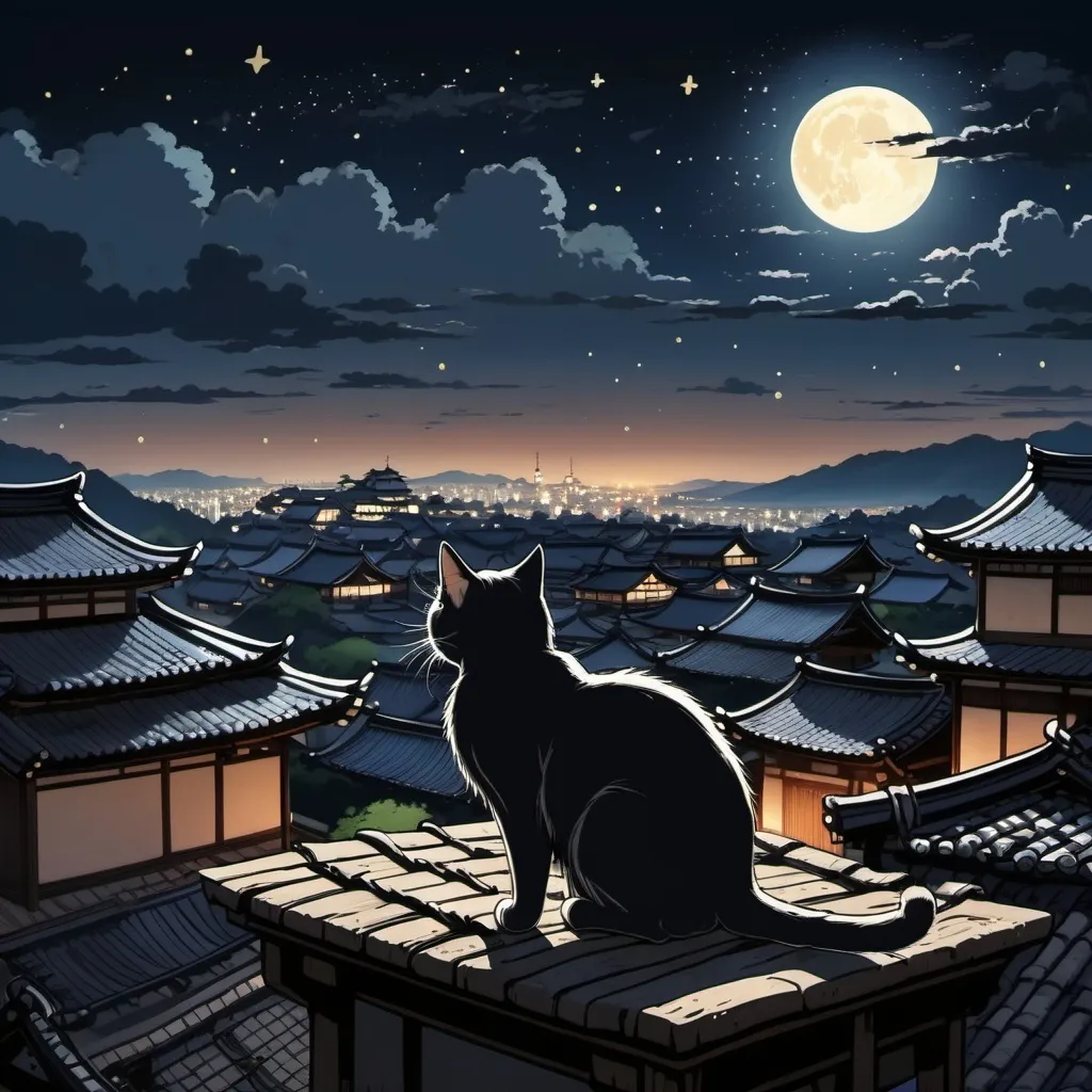 Prompt: cat on rooftop, summer night, stary night, village, view from distance, medieval japan, wide shot