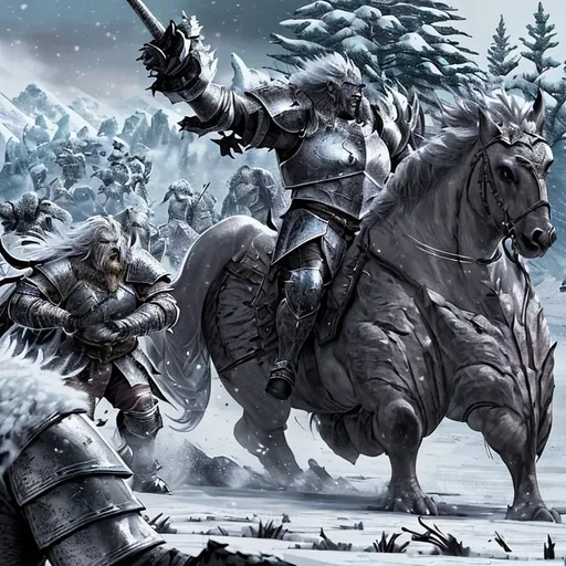 Prompt: Game-RPG fantasy scene of a massive army of troll warriors and orcs in a wintry battlefield, epic battle scene, detailed armor and weapons, snowy landscape, high-quality, game-rpg style, fierce warriors, massive orc army, wintry battlefield, epic battle, detailed armor, snowy landscape, fantasy, highres, game style, intense, dramatic lighting