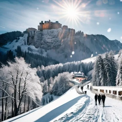 Prompt: army marching on snowy castle in the mountains, beautiful nature, large army, view from distance, winter, medieval