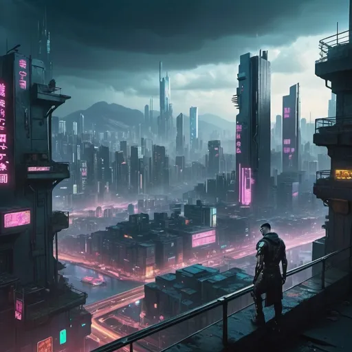 Prompt: Cyberpunk city view from the cliff
