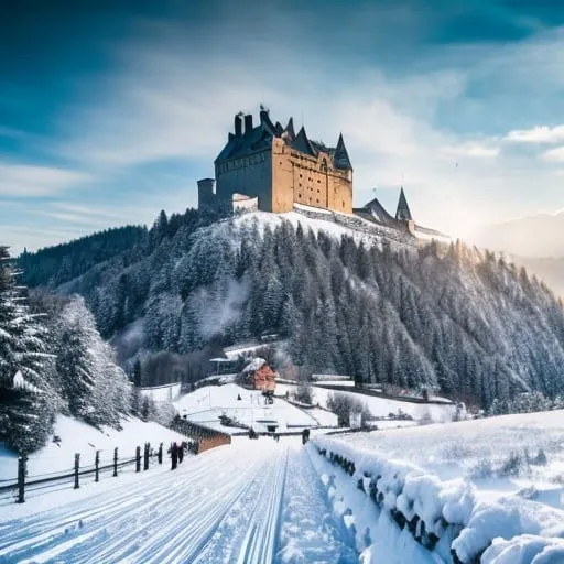 Prompt: army marching on snowy castle in the mountains, large army, view from distance, winter, medieval