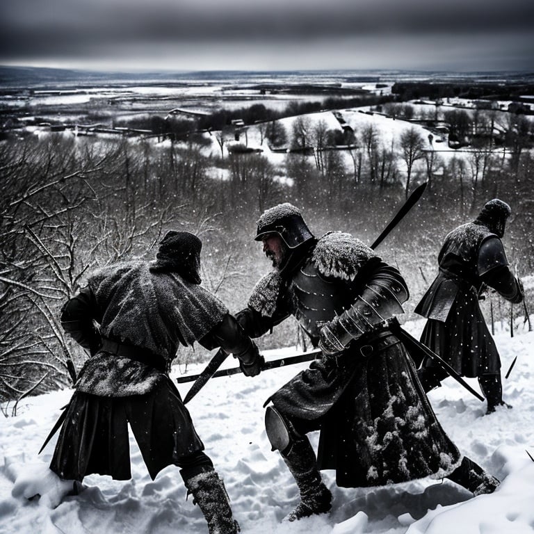 Prompt: Two warriors battling an army in an open winter field, intense action, RPG battle, dark and gritty atmosphere, high contrast, detailed armor, dramatic poses, snowy landscape, high quality, winter, action-packed, RPG, dark atmosphere, intense battle, warriors, detailed armor, snowy, high contrast, dramatic poses, view from distance, medieval