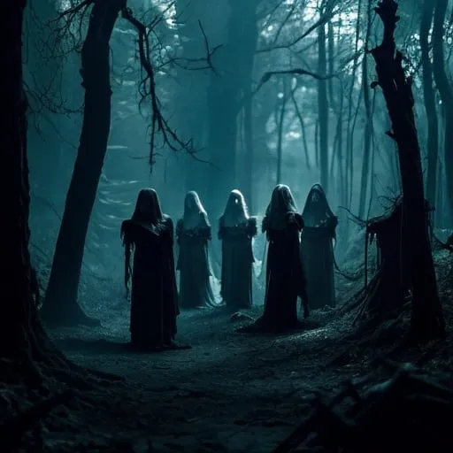 Prompt: group of banshees, ghosts, in the woods, creepy, rpg like