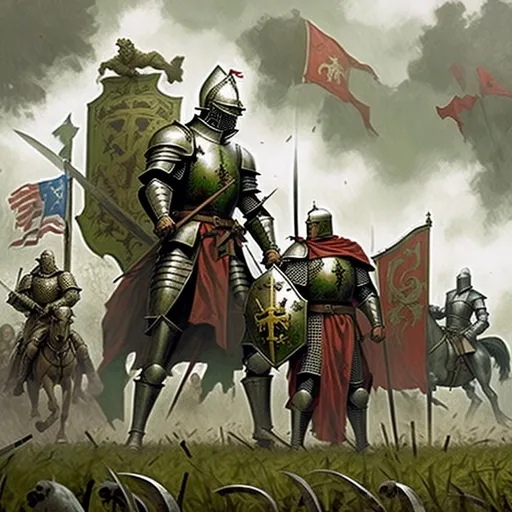 Prompt: Giant warrior with army, fighting a lonesome hero, green fields, knights