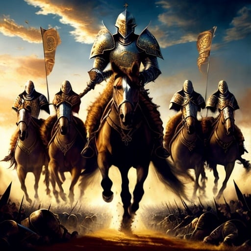 Prompt: Great king with knights preparing for battle on field, oil painting, majestic armor and banners, high detail, renaissance, intense and dramatic, warm earthy tones, golden hour lighting, royal procession, epic battle scene, oil painting, regal attire, grandeur, renaissance art, detailed armor, historical, grandiose, warm color palette, dramatic lighting