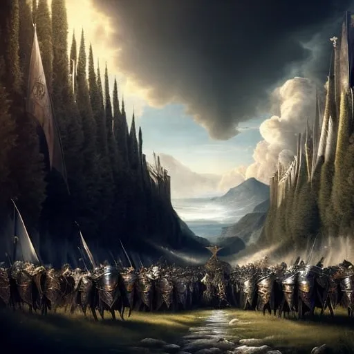 Prompt: Great king and knights preparing for battle, renaissance artstyle, distant view, epic landscape, detailed armor and weaponry, high quality, renaissance, knights, battle preparation, epic landscape, detailed armor, weaponry, distant view, artstyle-renaissance, highres, ultra-detailed, dramatic lighting