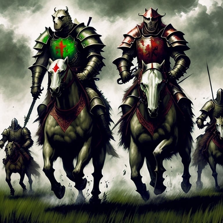 Prompt: armored human bear riders, galloping towards undead enemies, green battle fields, lifelike 