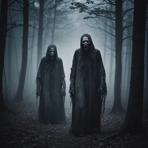 Prompt: nightmare fiends in the woods, creepy, scary, gloomy, foggy, night