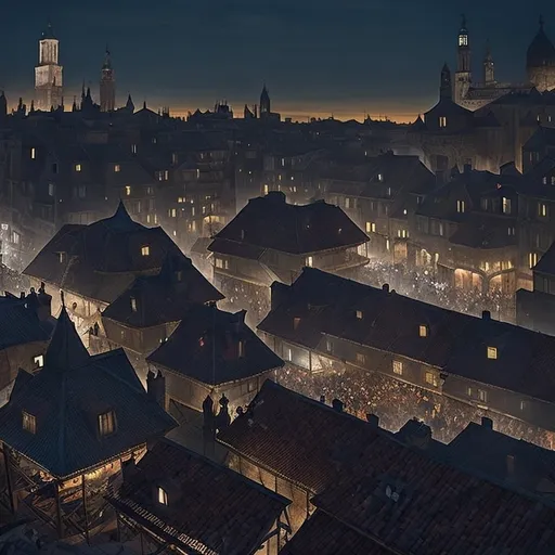 Prompt: assassins perched on the rooftops, above the fair, dark night, medieval city