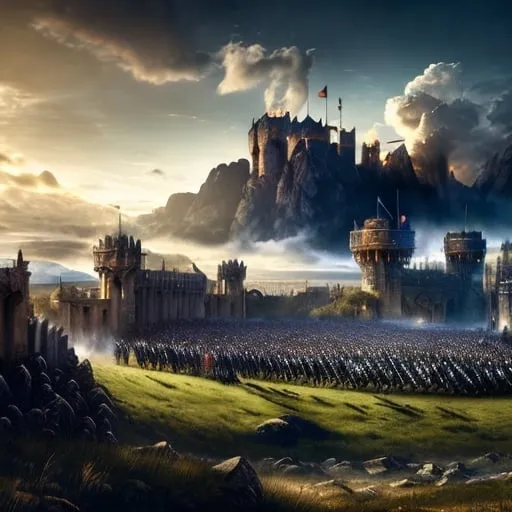 Prompt: Great king and knights preparing for battle on a field, medieval, distant view, fantasy style, highres, detailed armor, majestic atmosphere, epic landscape, heroic poses, medieval fantasy, regal, grandiose, dramatic lighting, vibrant colors, dynamic composition, heroic fantasy, medieval warfare