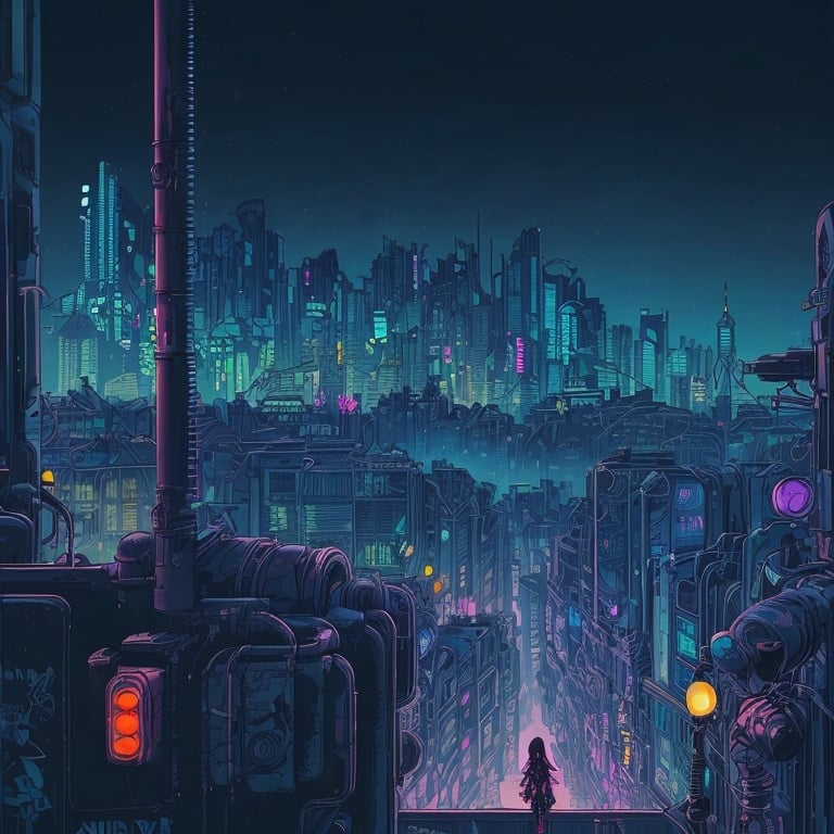 Prompt: cyberpunk city, view from distance, night lights, winter night lights, beautiful view