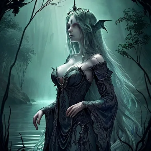 Prompt: Beautiful, creepy siren, medieval, lake, nature, eerie atmosphere, haunting, mystical, detailed hair, flowing gown, 4k, ultra-detailed, medieval fantasy, eerie beauty, enchanting, haunting call, lush greenery, atmospheric lighting